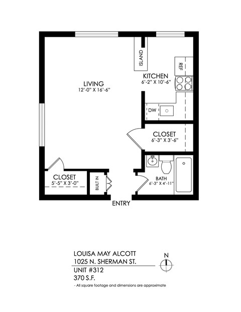 Floor plan for studio, 1 bath, 360 sqft
